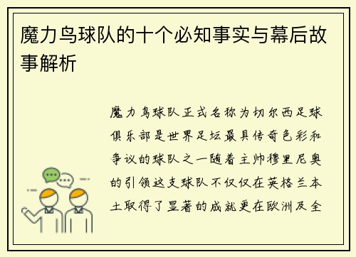魔力鸟球队的十个必知事实与幕后故事解析