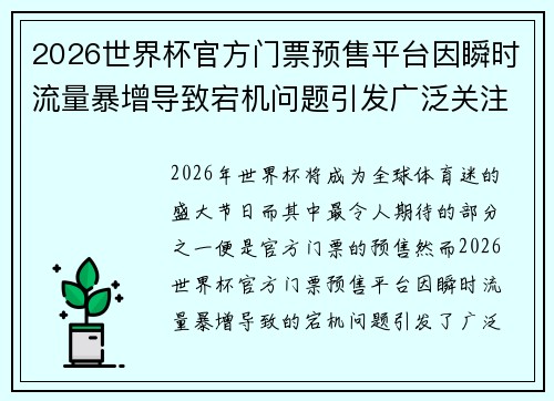 2026世界杯官方门票预售平台因瞬时流量暴增导致宕机问题引发广泛关注 2026世界杯官方门票预售平台因瞬时流量暴增导致宕机问题引发广泛关注